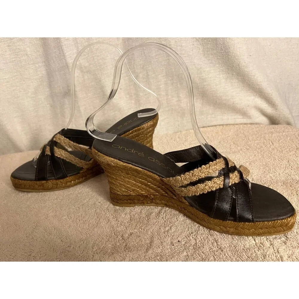 André Assous Women's Espadrille Wedge Sandals Size 7 Black & Natural Leather